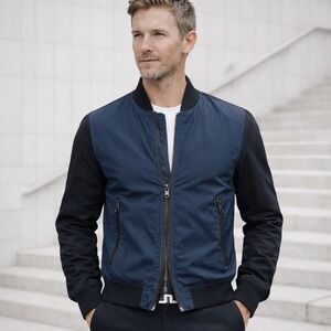 J.Lindeberg Mens Bomber Jacket Blue Black Zip Front M $395